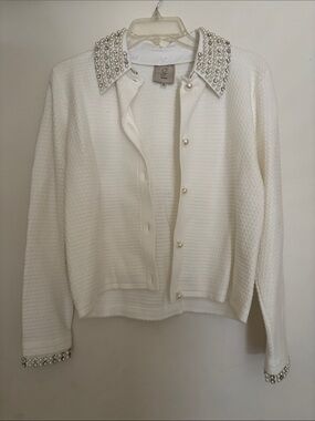 Sioni White Pearl-Embellished Collar Cardigan